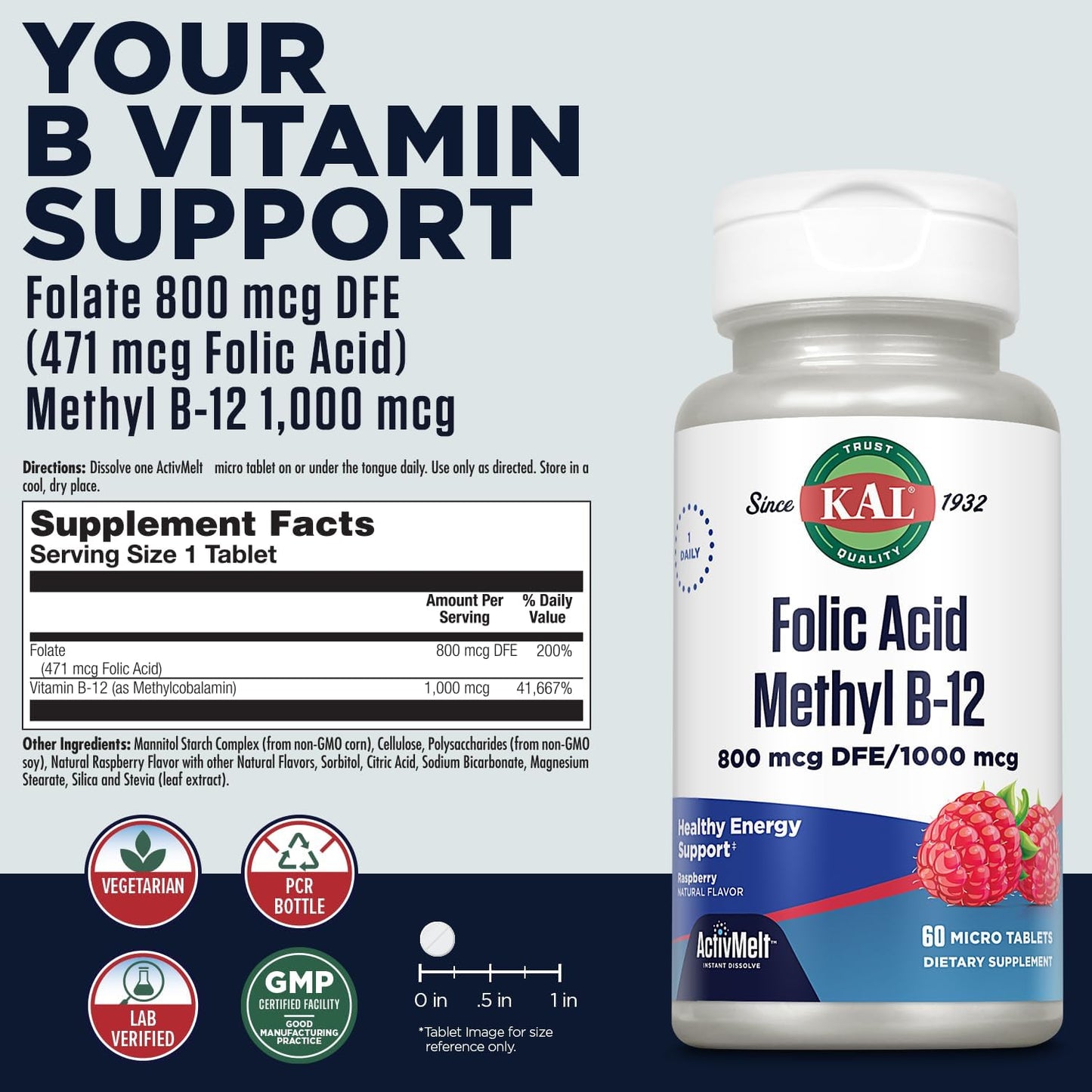 Kal 800 Mcg Folic Acid Methyl B-12 Tablets, Raspberry, 60 Count - görsel 2