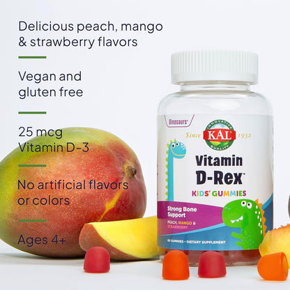 KAL Vitamin D-Rex – Vitamin D3 Gummies for Children – Peach, Mango & Strawberry Flavours – 1000 IU (60 Gummies)