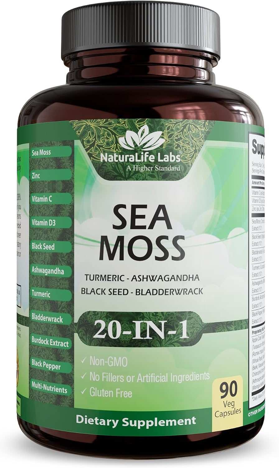 Sea Moss, Black Seed Oil, Bladderwrack, Turmeric, Ashwagandha, Burdock, Vitamin C, D3, Zinc - 90 Veggie Capsules - görsel 1