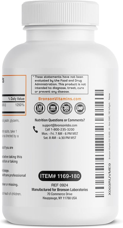 Bronson Vitamin D3 10,000 IU (250 mcg) High Potency - Supports Normal Immune System, Strong Bones, Muscles & Teeth - Non GMO, 180 Softgels