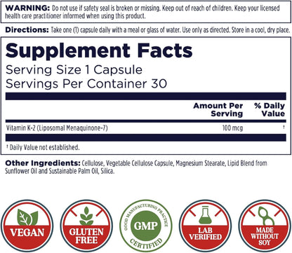 KAL Liposomal Vitamin K2 Supplement with MK7 100 mcg – High Absorption Bone Support, Vegan, 30 Veg Caps