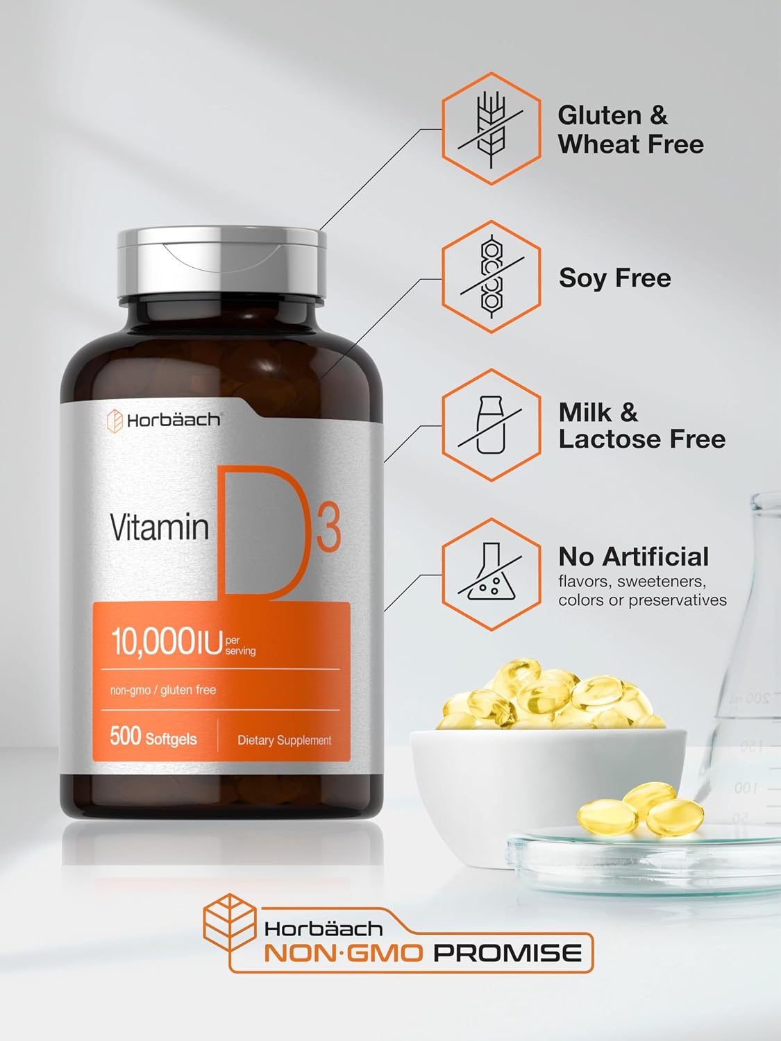 Horbäach Vitamin D3 10,000 IU (250 mcg) – 500 Softgels, Non-GMO, Gluten-free High Potency Supplement - görsel 5