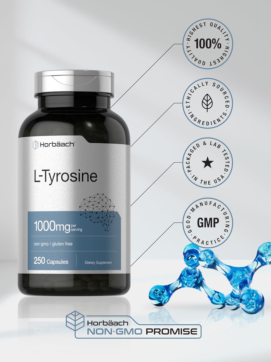 Horbäach L-Tyrosine 1000mg, 250 Capsules - Amino Acid Supplement, Non-GMO & Gluten-free - görsel 6