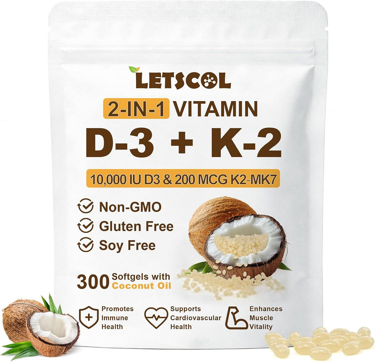 LETSCOL 2-in-1 Vitamin D3 K2 Soft gel capsules - 10000 IU D3 & 200 mcg K2 MK-7 - görsel 8