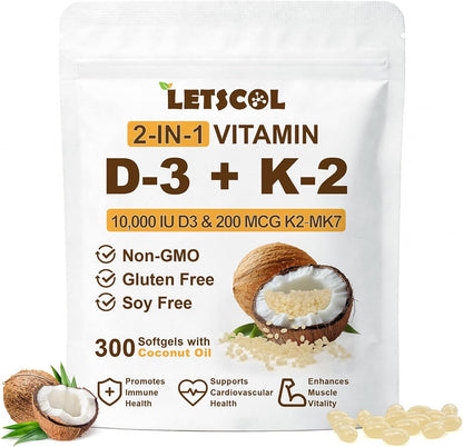 LETSCOL 2-in-1 Vitamin D3 K2 Soft gel capsules - 10000 IU D3 & 200 mcg K2 MK-7