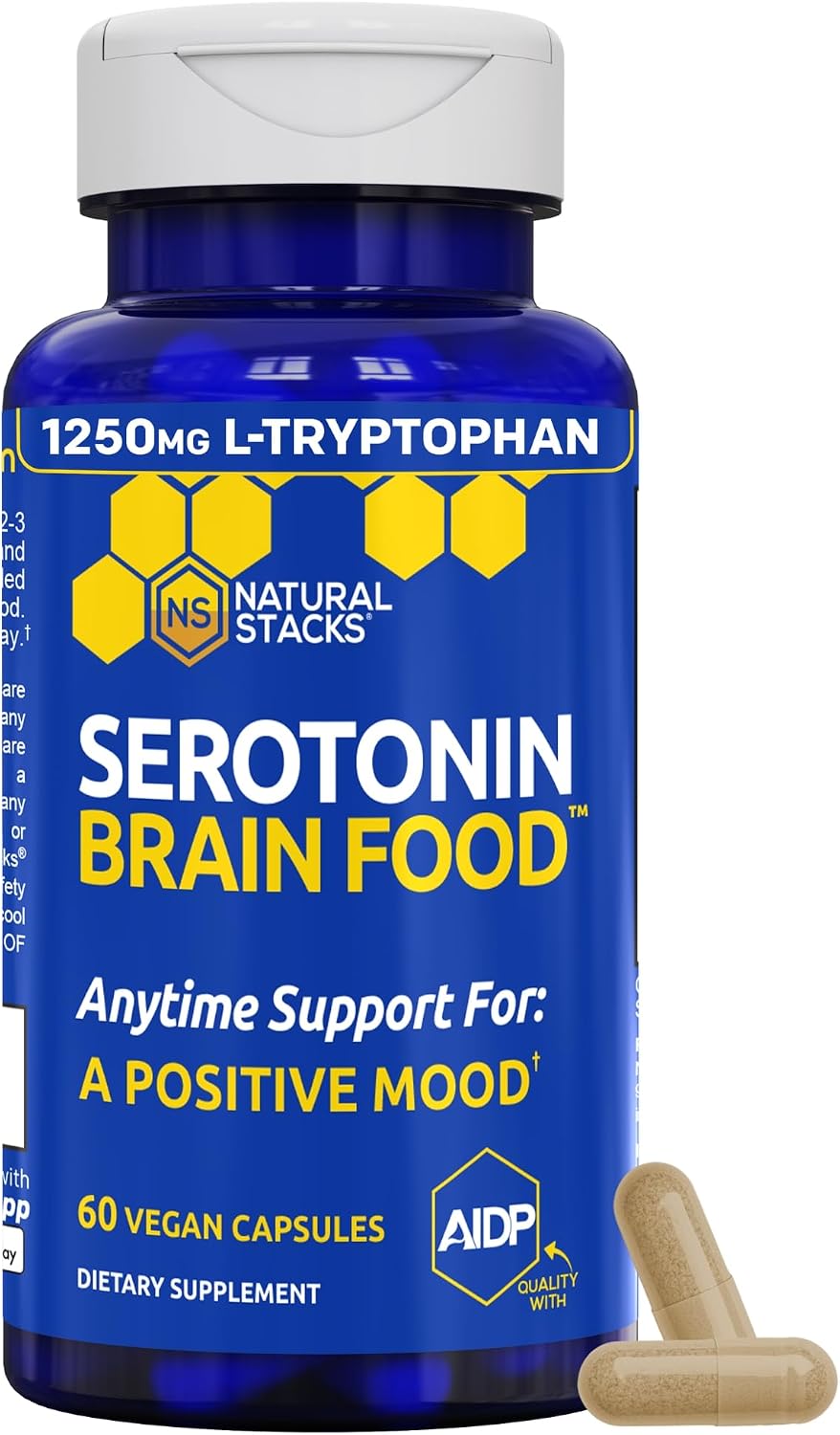 Serotonin Brain Food - 1250mg L-Tryptophan & 400mg Rhodiola Rosea Food Supplement - Mood Support with Magnesium Glycinate & Zinc - 60 Capsules - görsel 1
