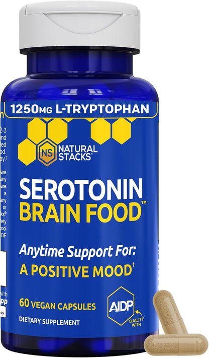 Serotonin Brain Food - 1250mg L-Tryptophan & 400mg Rhodiola Rosea Food Supplement - Mood Support with Magnesium Glycinate & Zinc - 60 Capsules