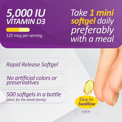 Prati Donaduzzi Vitamin D3 5,000 IU (125 mcg) Soft gel capsules, 500 Count