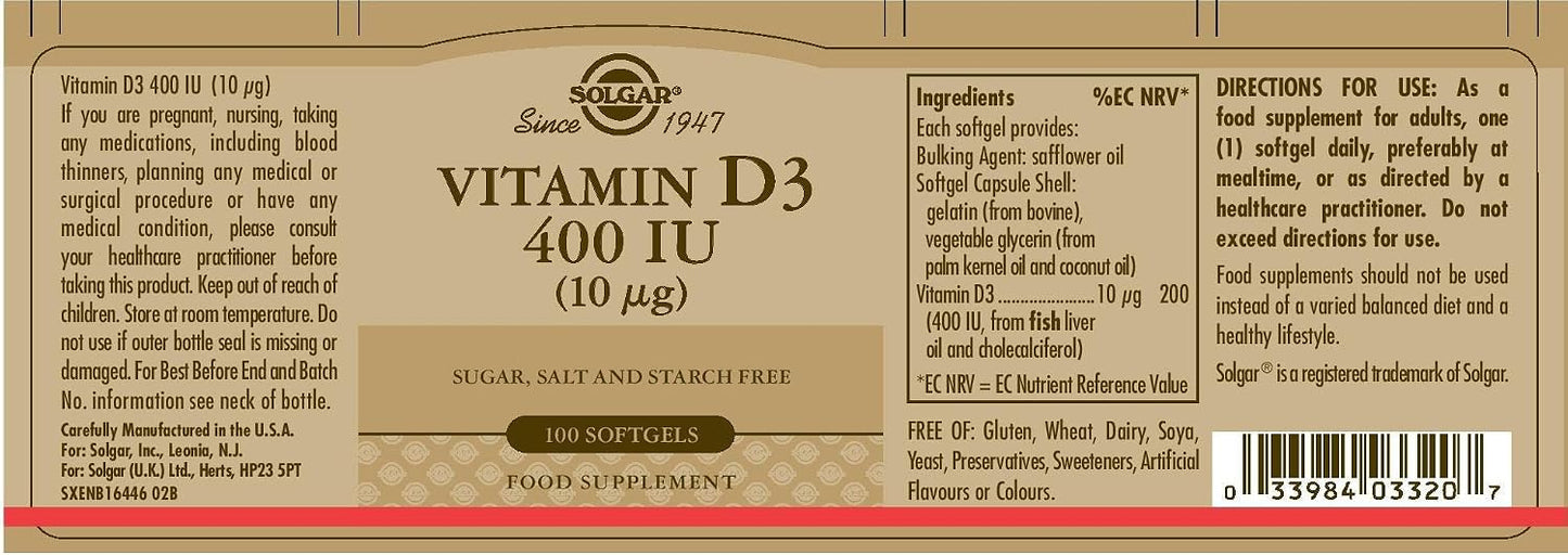 Solgar Vitamin D3 (Cholecalciferol) 400 IU, 100 Softgel Capsules - görsel 4