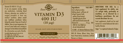 Solgar Vitamin D3 (Cholecalciferol) 400 IU, 100 Softgel Capsules