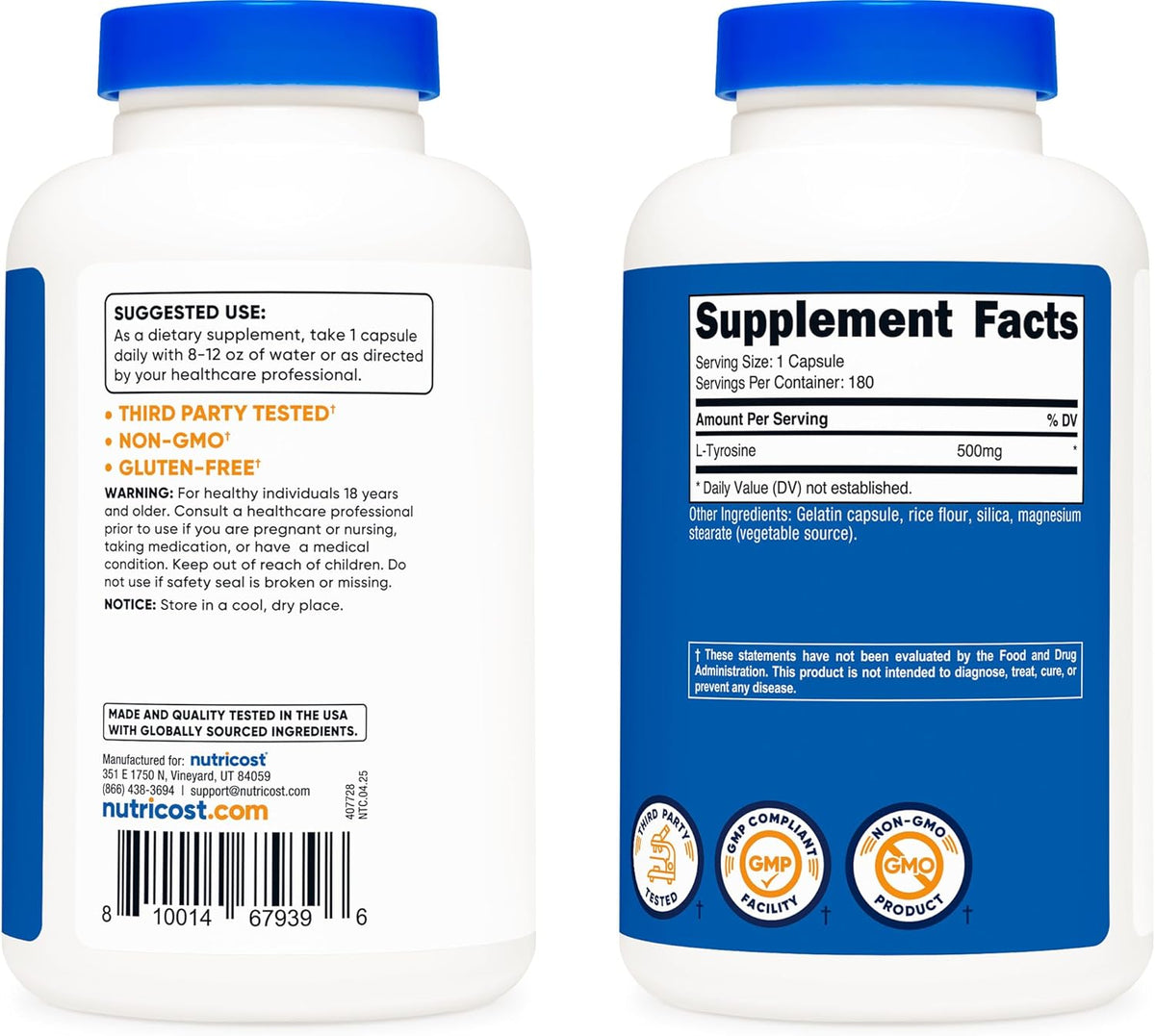 Nutricost L-Tyrosine 500mg, 180 Capsules - Gluten-free & Non-GMO - görsel 6