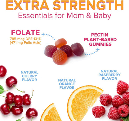 Folic Acid Gummies for Women – Prenatal Folate Supplement – Natural Orange & Cherry Flavour – 120 Gummies