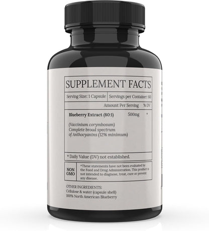 North American Blueberry Extract 500mg - Supports Brain and Cellular Health with Highly Concentrated 80:1 Anthocyanin and Polyphenol Content - Pure Vegan Antioxidant - 60 Capsules