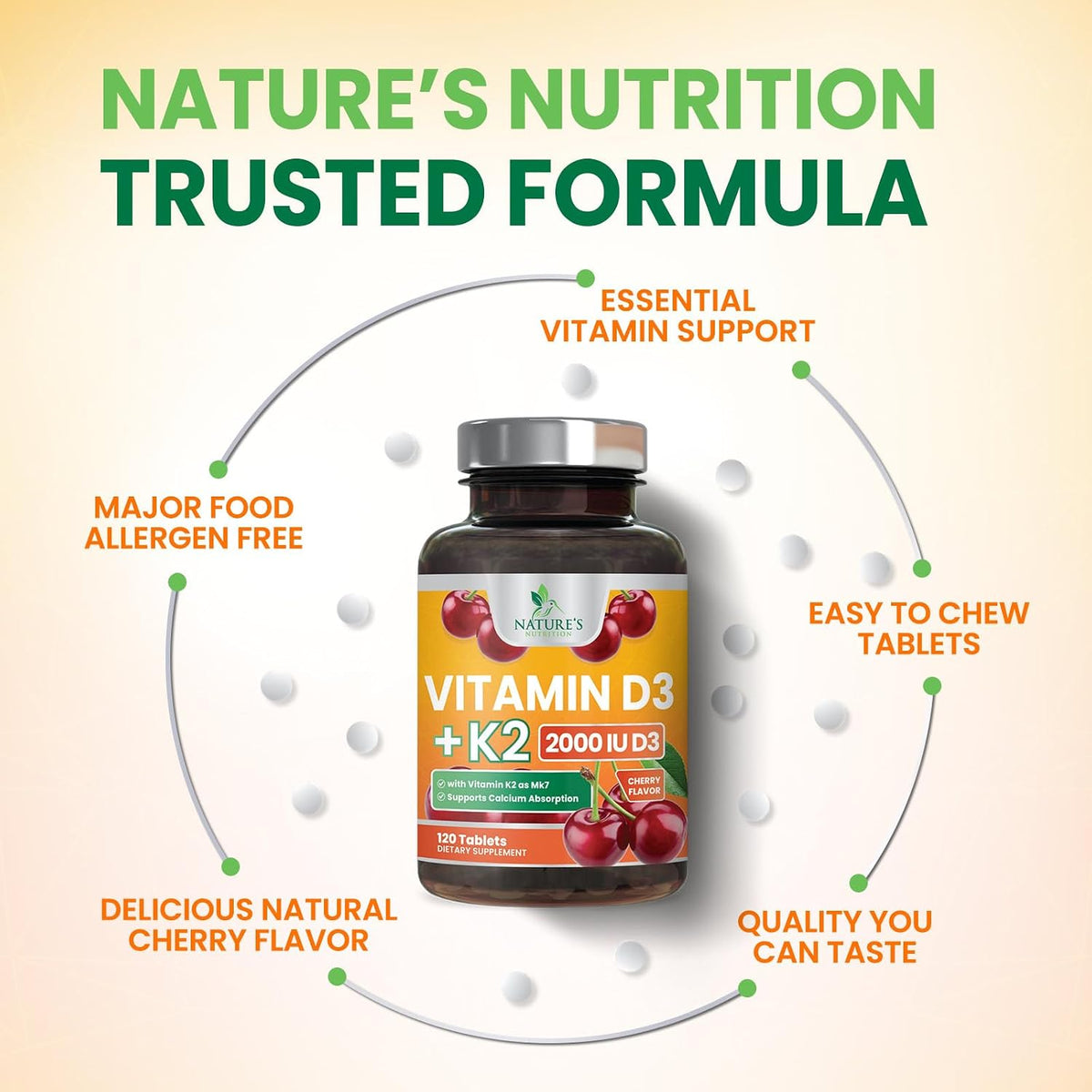 Vitamin D3 & K2 Supplement - 2000 IU D3 + 75 mcg MK-7 - Chewable Berry Tablets (120 Count) - görsel 7