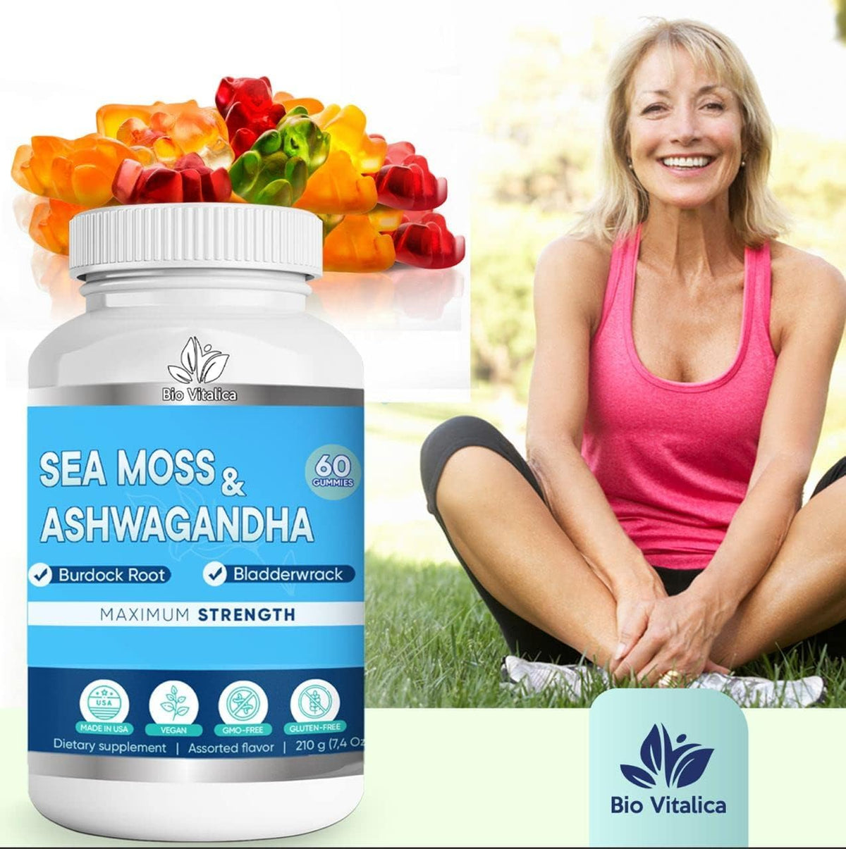 BIO VITALICA Sea Moss Ashwagandha Gummies - Organic Irish Sea Moss Blended with Burdock Root & Bladderwrack - Natural Energy & Calm Support for Adults - 60 Vegan Count - görsel 5
