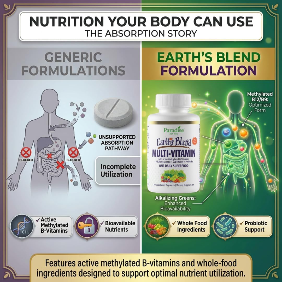 Paradise Herbs Earth's Blend Once Daily Multivitamin with Iron, 48 Organic Superfoods, Probiotics, Antioxidants, Vitamins A, B12, C, D, K2, Daily Superfood, 30 Capsules - görsel 5
