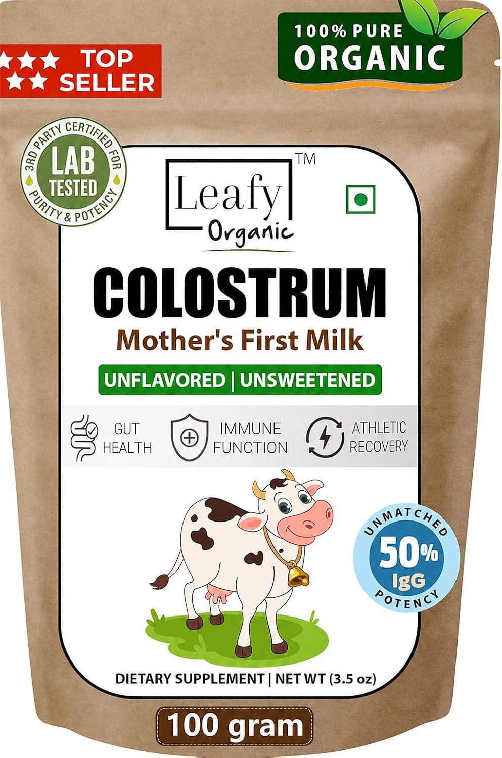 Leafy Organic Colostrum Powder Supplement – 100% Pure, Unflavoured, 100g – Gut Health & Immune Support - görsel 1