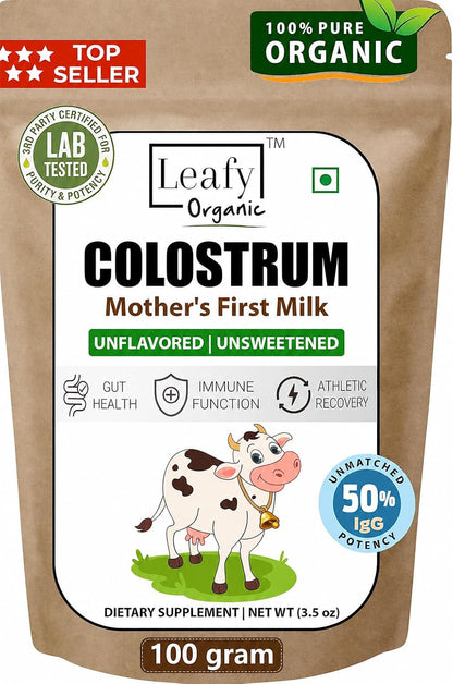 Leafy Organic Colostrum Powder Supplement – 100% Pure, Unflavoured, 100g – Gut Health & Immune Support