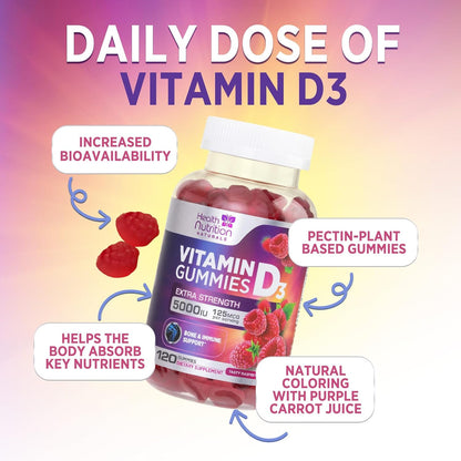 Health Nutrition Naturals Vitamin D3 Gummies 5000 IU – Contributes to Normal Immune Function and Bone Maintenance, Raspberry Flavoured, 120 Gummies