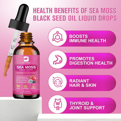 B BEWORTHS Sea Moss & Black Seed Oil Liquid Drops with Irish Sea Moss, Burdock Root, Bladderwrack, Elderberry, Spirulina - 120 ml, Vegan