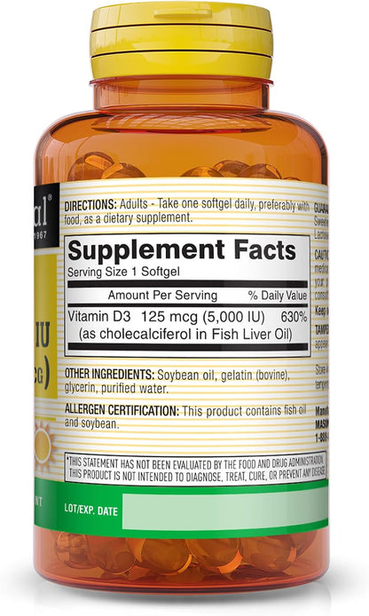 MASON NATURAL Vitamin D3 125 mcg (5000 IU) Softgels, 50 Count (Pack of 3)