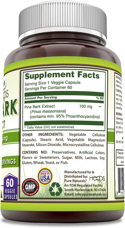 Pure Naturals Pine Bark Extract | 100 mg per serving | 60 Vegetable Capsules | Non-GM | Gluten-free | Made in the USA