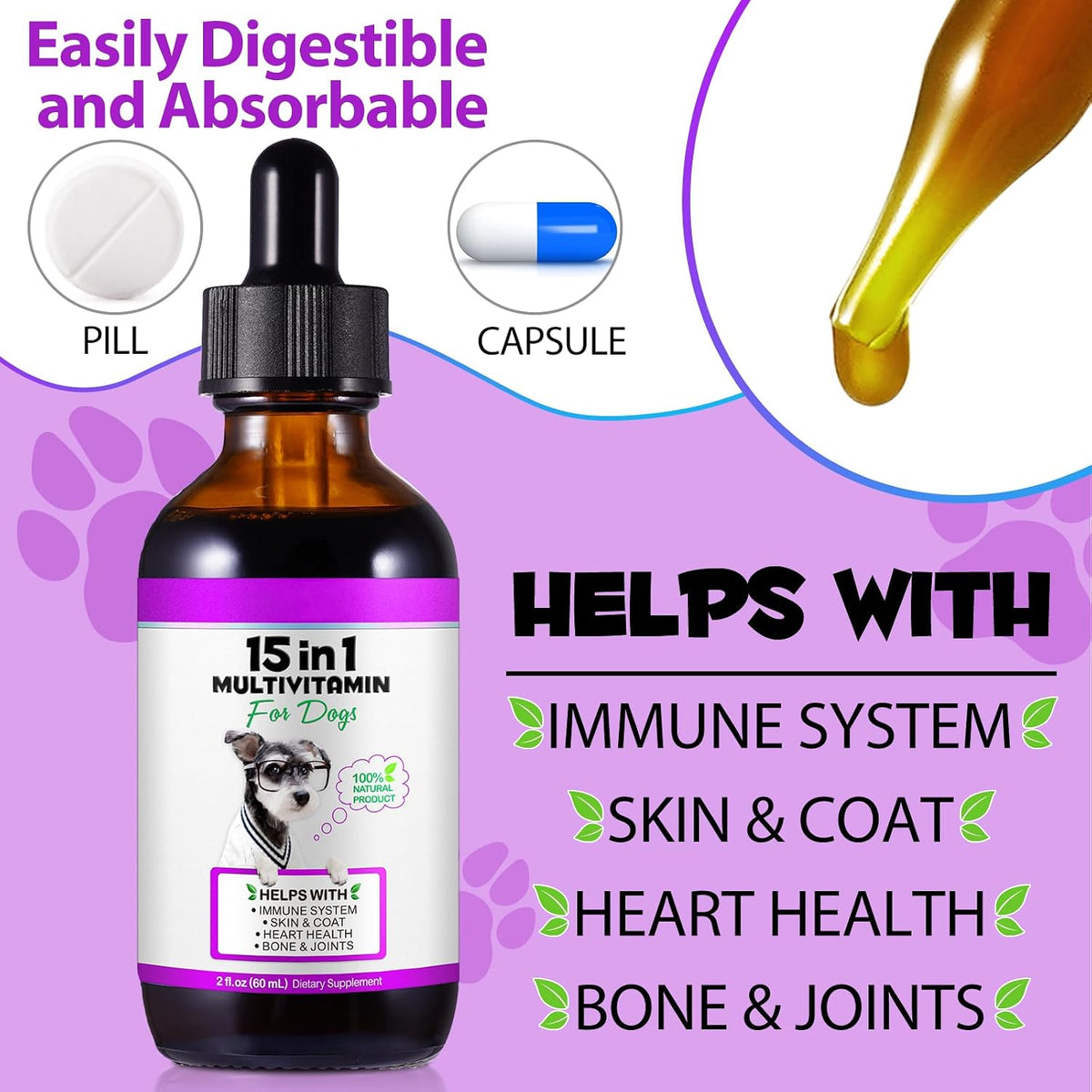 15-in-1 Dog Multivitamin Drops – Liquid Supplement with Glucosamine, MSM & Omega for Joint, Heart, Immune & Skin Health - görsel 9