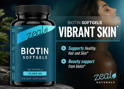 Zeal Biotin 10000mcg Oil Softgels - Hair, Skin & Nails Support - 180 Softgels