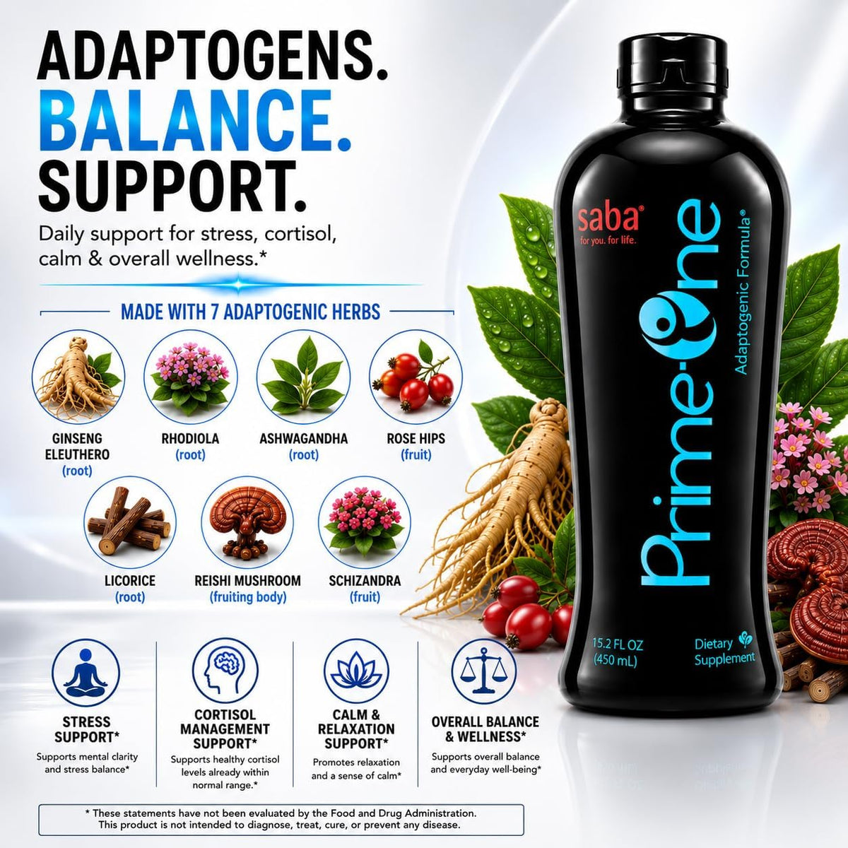 Saba Prime One Liquid Adaptogen Blend - Ashwagandha, Rhodiola, Reishi, Ginseng and Eleuthero - 946 ml (63 Servings) - görsel 3