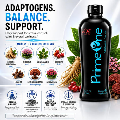 Saba Prime One Liquid Adaptogen Blend - Ashwagandha, Rhodiola, Reishi, Ginseng and Eleuthero - 946 ml (63 Servings)