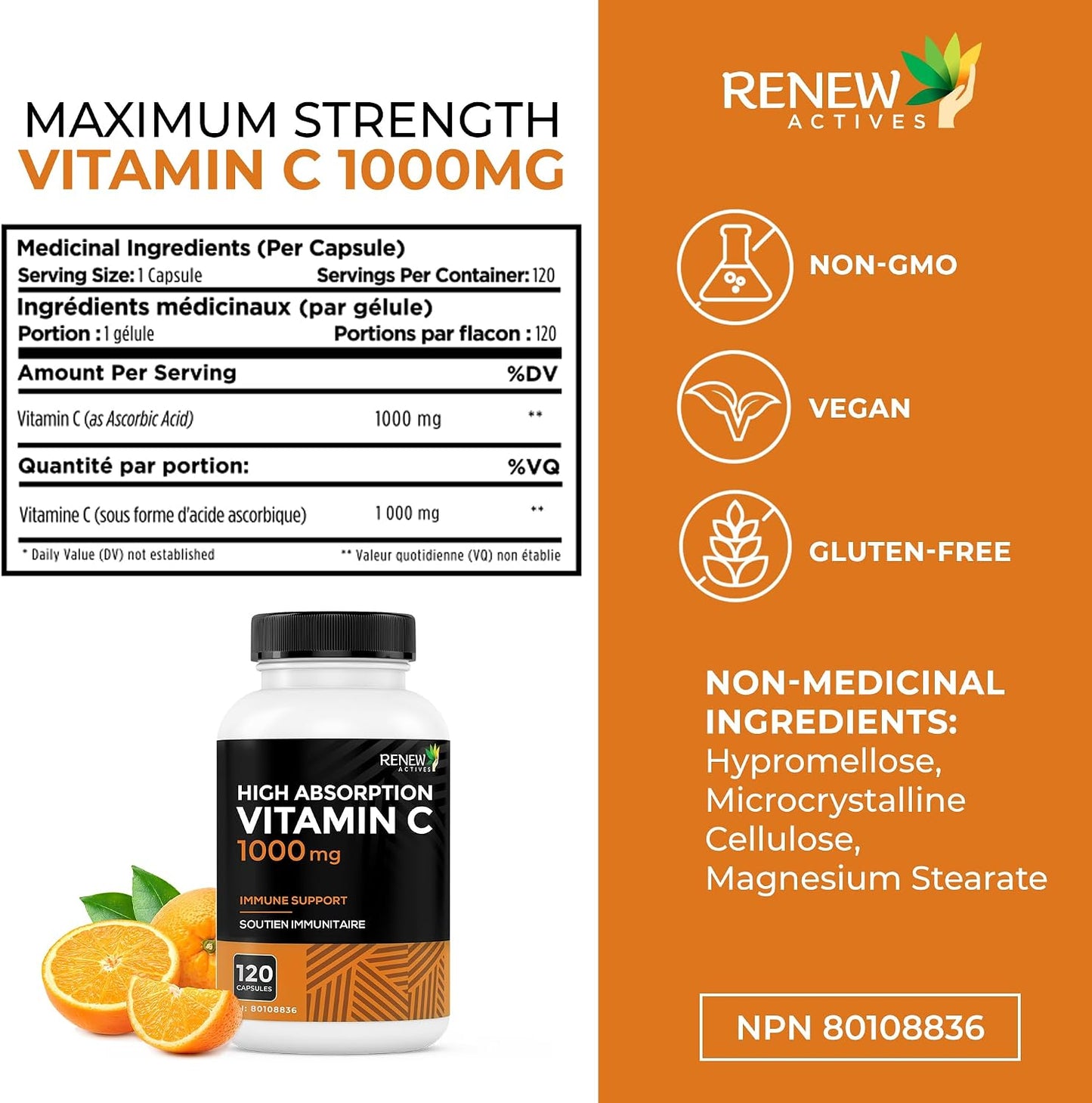 RENEW ACTIVES Maximum Strength Vitamin C 1000mg per Capsule – Antioxidant & Immune Support – Non-GMO, Sugar-Free – 120 Capsules - görsel 7