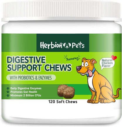 Herbion Pets Digestive Support Chews – Probiotics & Enzymes for Dogs, 120 Soft Chews