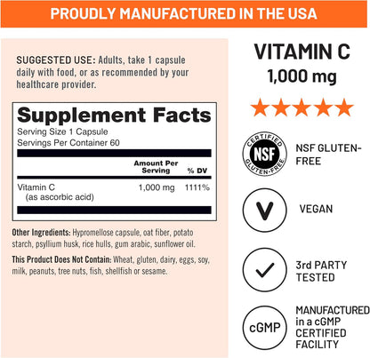 NatureWise Vitamin C 1000 mg Capsules – Extra Strength Vegan Supplement, 60 Capsules