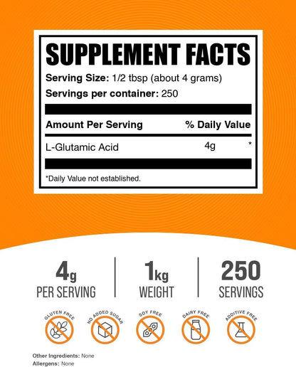BulkSupplements.com L-Glutamic Acid Powder - Unflavoured & Gluten-Free, 1kg (2.2 lbs)