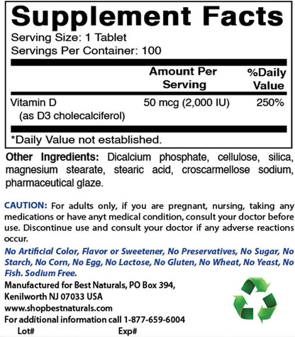 Best Naturals Vitamin D3 2000 IU (50 mcg) 100 Tablets – Immune, Bone & Muscle Support