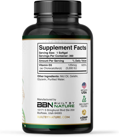 Built by Nature Vitamin D3 5000 IU Food Supplement, 360 Mini Soft gel capsules