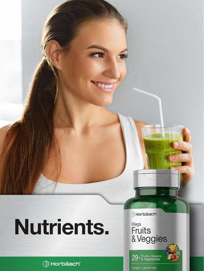 Horbäach Mega Fruits and Veggies Supplement | 100 Capsules | Vegetarian, Non-GM and Gluten-free