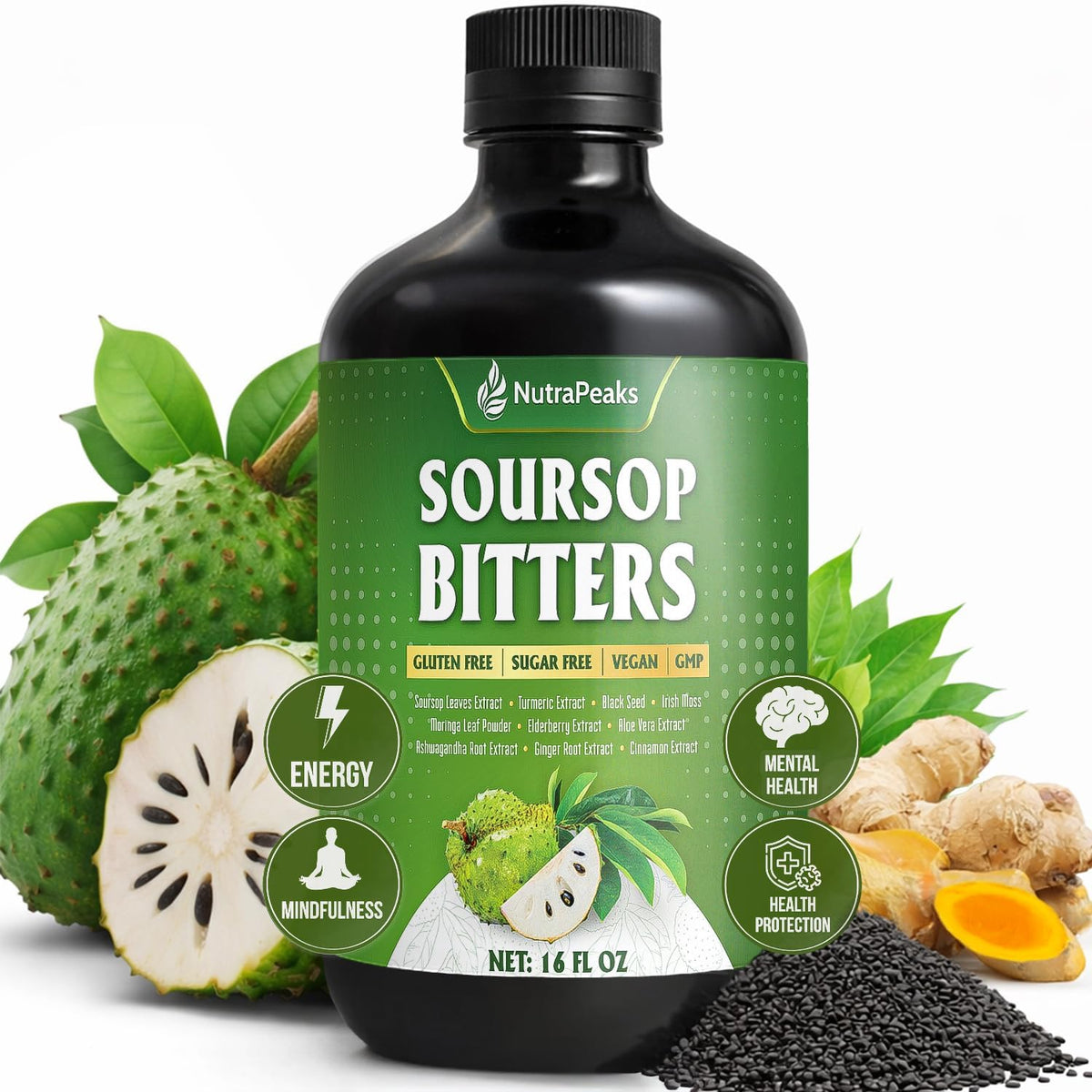 NutraPeaks Soursop Bitters Liquid – Herbal Detox Formula with Soursop, Turmeric, Moringa and Black Seed – Immune and Digestive Support, 473 ml (16 fl oz) - görsel 1