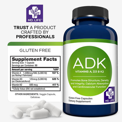 MD.LIFE ADK Vitamin Supplement – Vitamin D3, K2 and A Complex – 90 Capsules