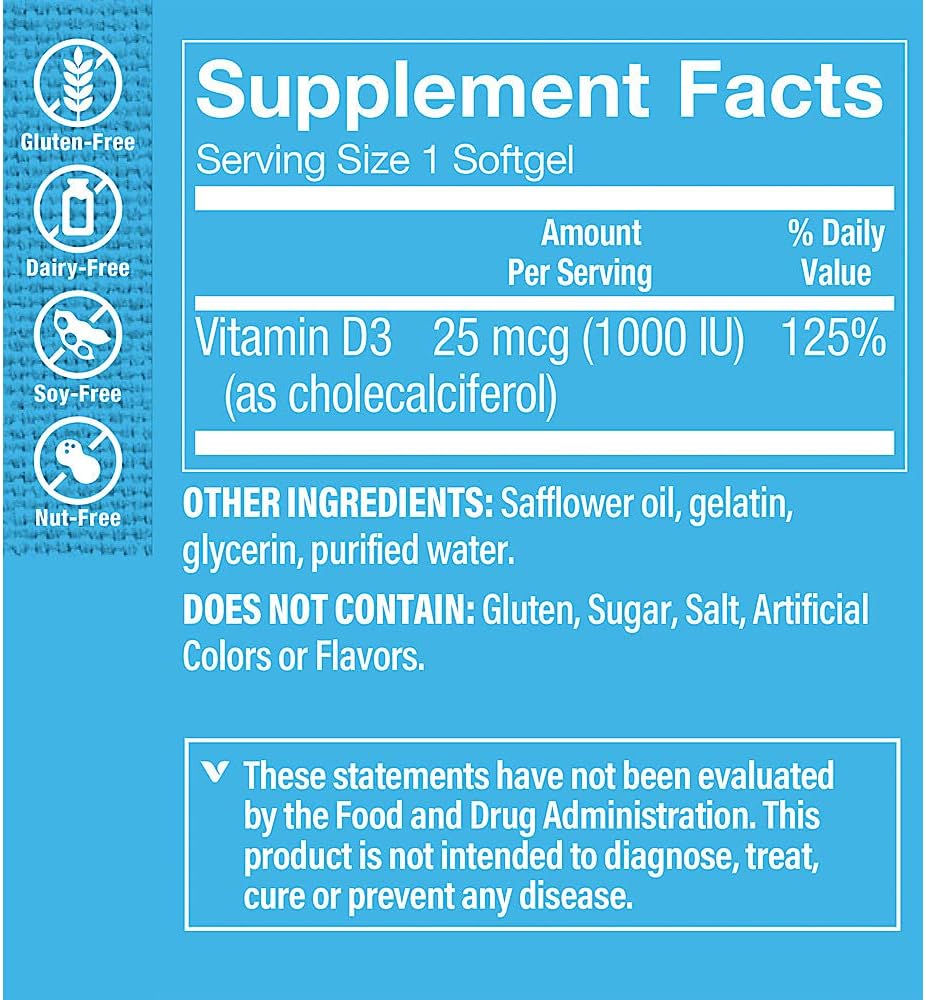 The Vitamin Shoppe Vitamin D3 1000IU - Bone Immune & Cellular Health | Cholecalciferol Softgels | 100 Softgels | Gluten-Free - görsel 2