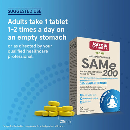 Jarrow Formulae SAMe 200 mg – Supports Joint, Liver & Brain Health | 20 Enteric-Coated Tablets