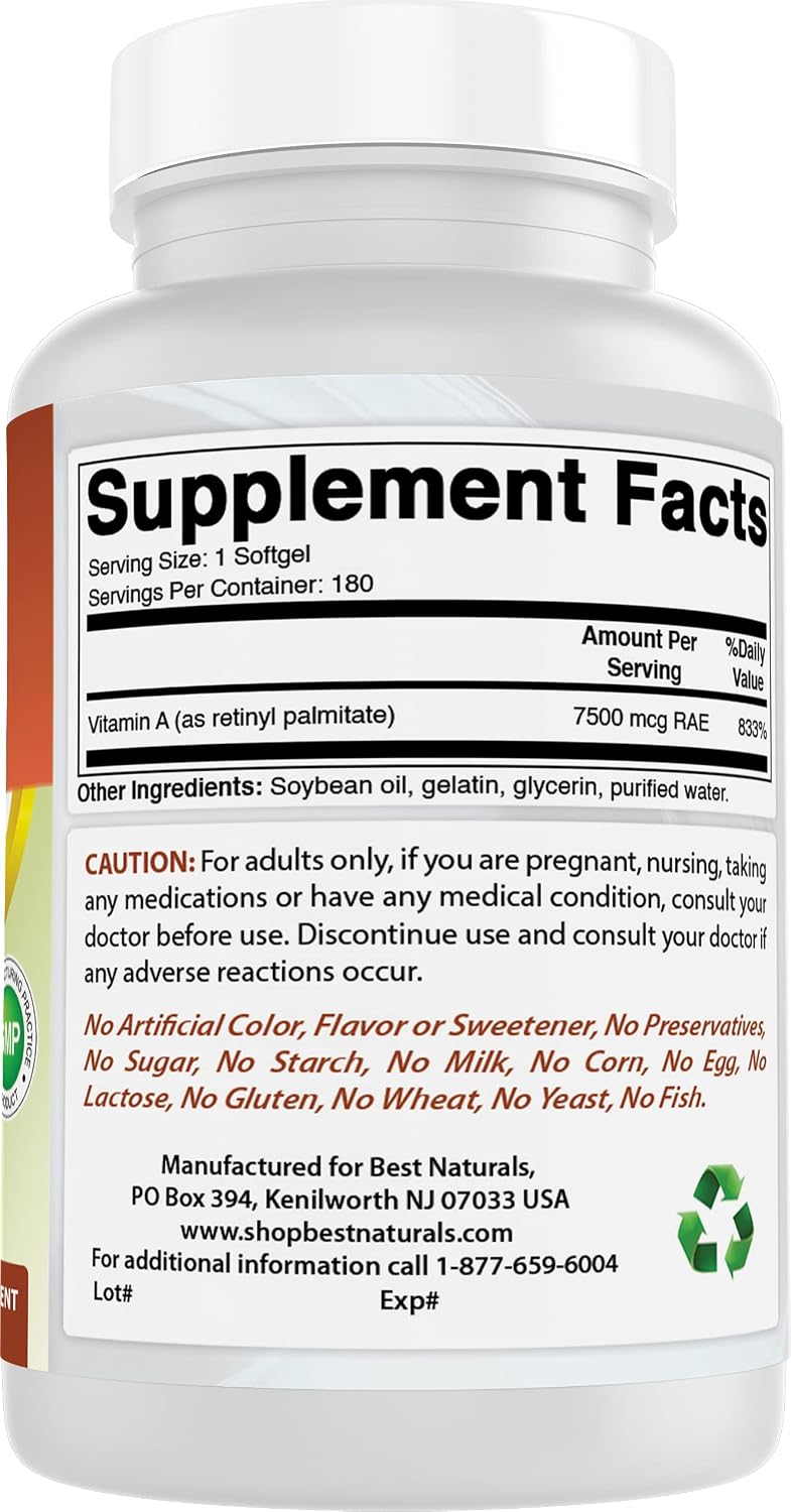Best Naturals Vitamin A 25000 IU (7500 mcg) - 180 Softgels (Pack of 2) - görsel 6
