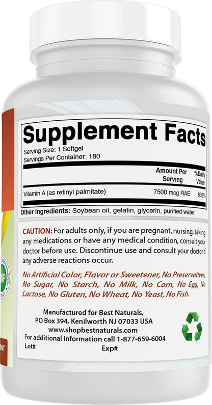 Best Naturals Vitamin A 25000 IU (7500 mcg) - 180 Softgels (Pack of 2)
