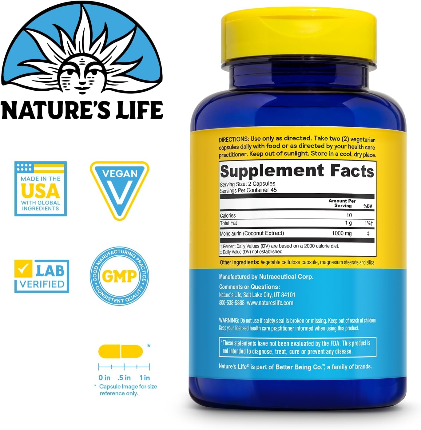 Nature's Life Monolaurin 1000 mg - Immune Support and Gut Health, 90 Vegetarian Capsules - görsel 2