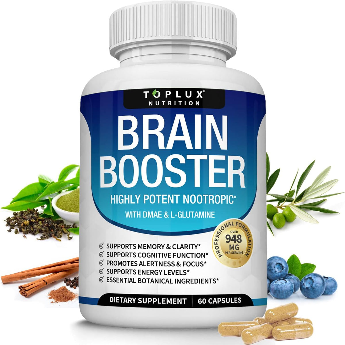 Toplux Brain Supplement Nootropic – DMAE, Bacopa Monnieri, L-Glutamine, 60 Capsules - görsel 1