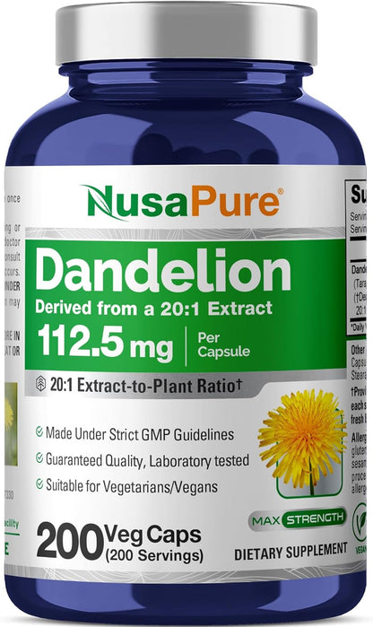 NusaPure Dandelion Root Capsules - 112.5 mg, 200 Vegan Capsules (Non-GMO, Vegan)