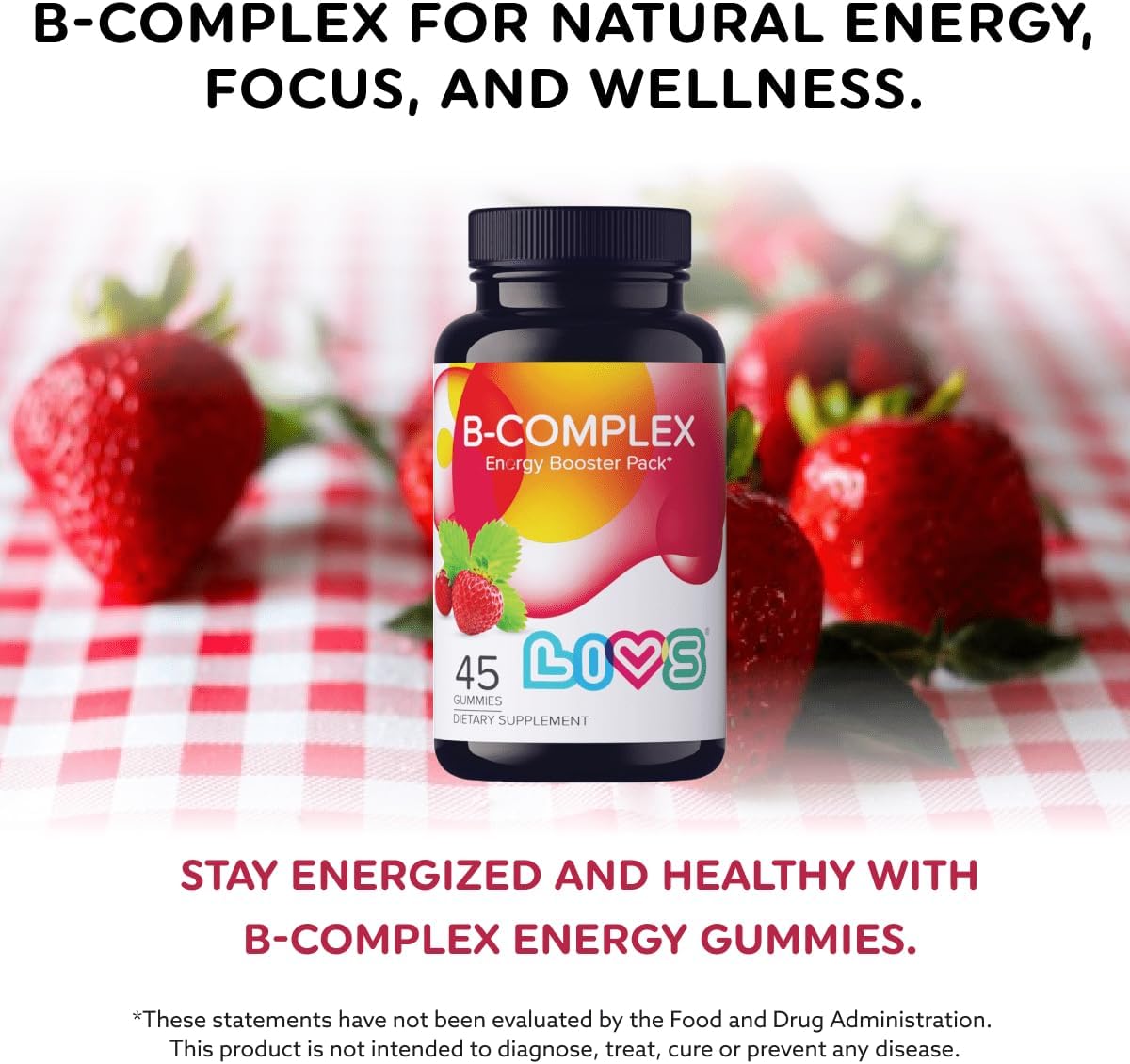 LIVS Vitamin B Complex Gummies with B12, Biotin, B3, B6 and Vitamin C – Strawberry Flavour (45 Count) - görsel 2