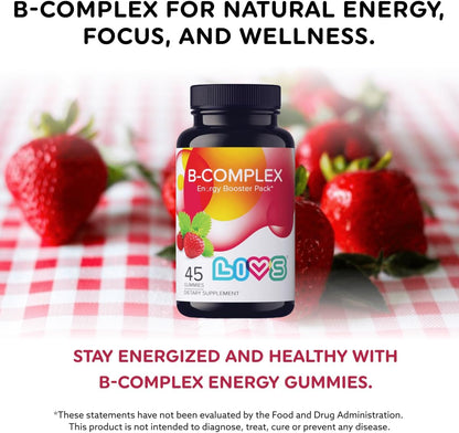 LIVS Vitamin B Complex Gummies with B12, Biotin, B3, B6 and Vitamin C – Strawberry Flavour (45 Count)