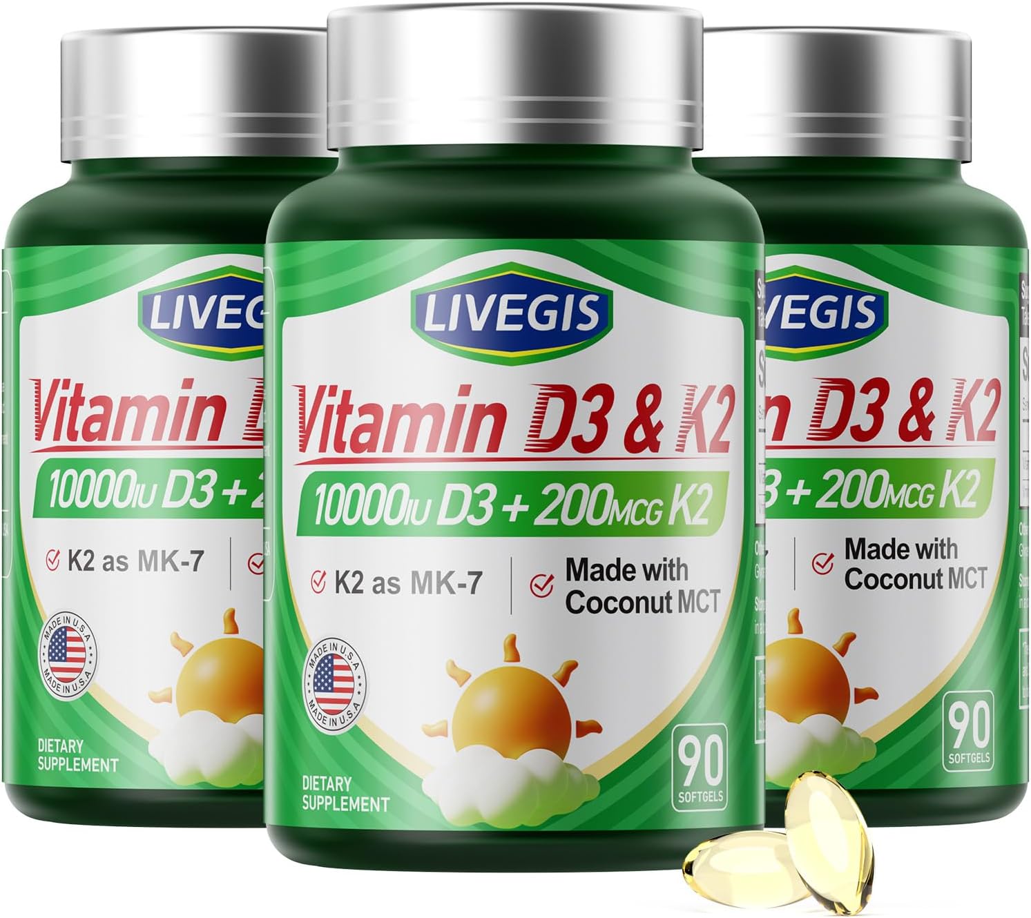 LIVEGIS Vitamin D3 K2 10000 IU with 200 mcg MK-7 Soft gel capsules - 2 Pack (180 Soft gel capsules) - görsel 9