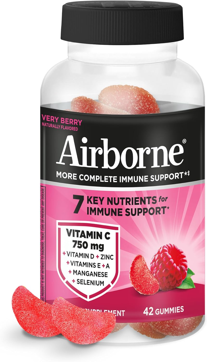 Airborne 750mg Vitamin C Gummies for Adults - Immune Support - 42 Gummies, Very Berry Flavour - görsel 1